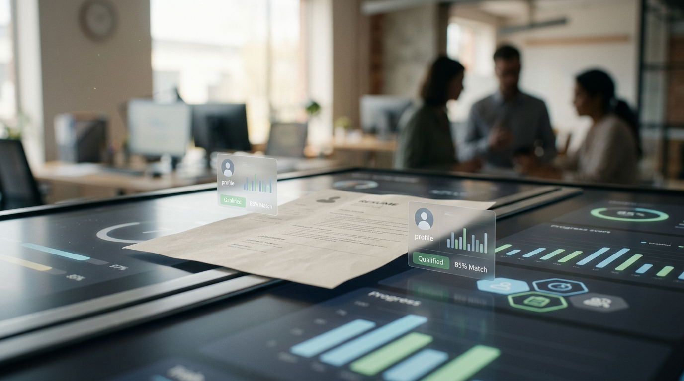 Clean resume passing through an applicant tracking system dashboard toward recruiter review.