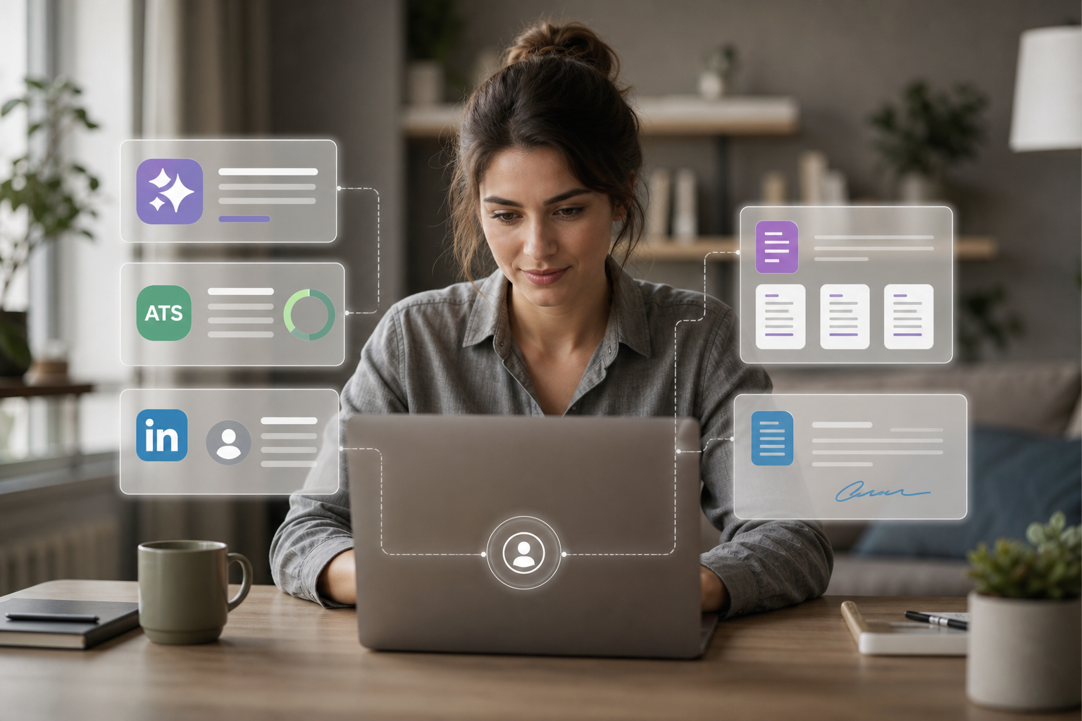 Job seeker using connected resume tools for AI writing, ATS checks, templates, and cover letters.