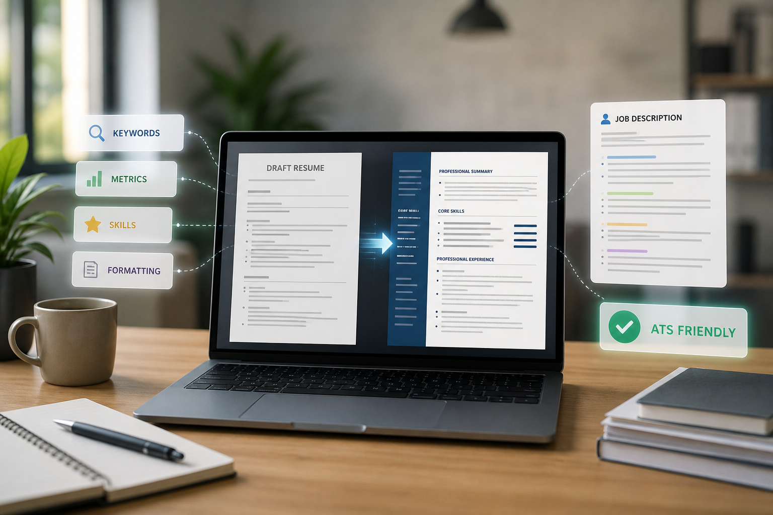 Illustration of a resume being improved with keywords, metrics, and ATS-friendly formatting.