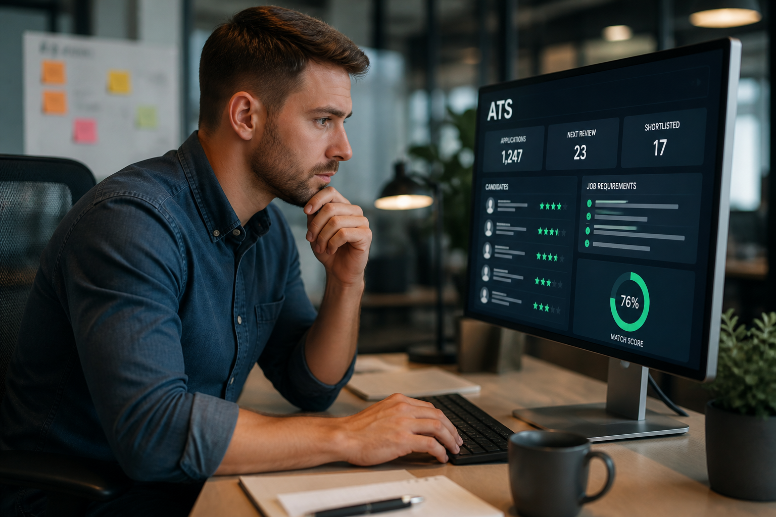 Clean resume passing through an applicant tracking system dashboard toward recruiter review.