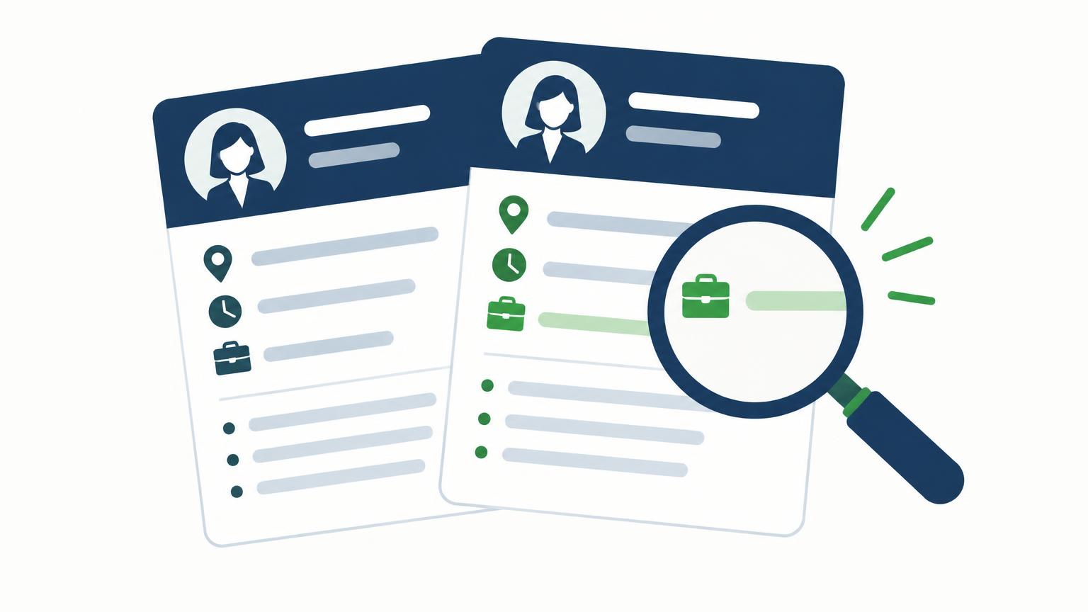 Two nearly identical job posting cards with a magnifying glass over the difference