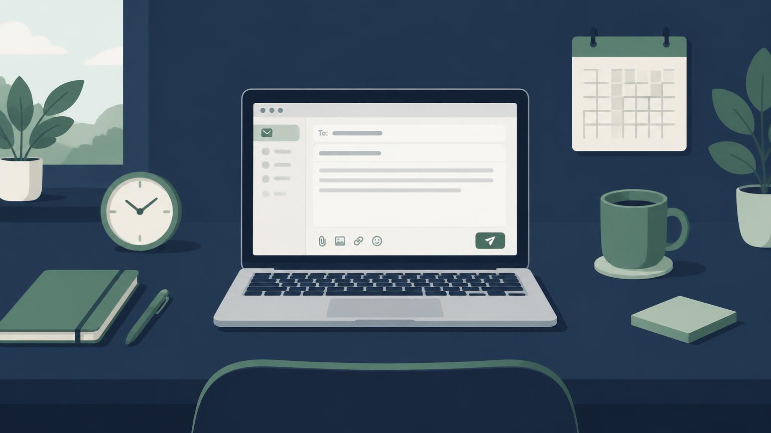 Desk with a laptop showing an email draft beside a clock and calendar