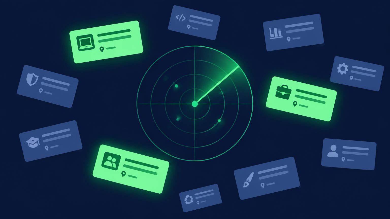 Radar sweep over job listing cards with a few highlighted as strong matches